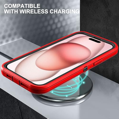 YKHJKLEC for iPhone 15 Case, Military Grade 3 in 1 Heavy Duty Shockproof/Drop Proof/Dust Proof Case with 2Pcs Tempered Glass Screen Protector (Red/Black) - color: Red/Black