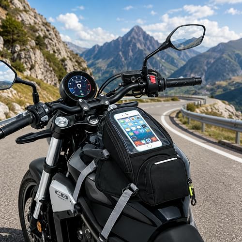 Motorcycle Tank Bag 3L, Magnetic & Strap Mount Phone Holder for Gas Tanks, Waterproof TPU Touchscreen Window Fits Phones Up to 6.3", Motorbike Storage Pouch for Commuting