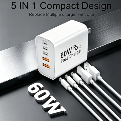 60W USB‑C Wall Charger, 5‑Port (3 USB‑C + 2 USB‑A), 2‑Pack, White - color: white