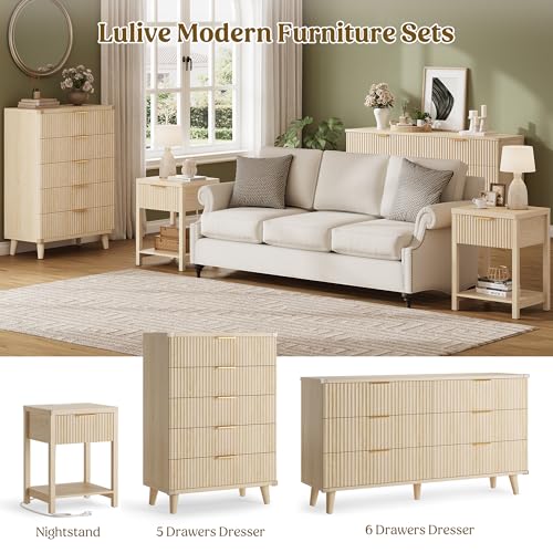Night Stand Set 2, Fluted Wood Nightstands w/Charging Station for Bedroom - color: Natural Oak, size: 1 Drawer-Set of 2 Nightstand