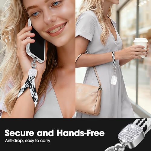 Elastic Phone Lanyard with Phone Tabs, Stretchy Braided Cellphone Wrist Strap and Keys Keychain - color: Thin Black-white