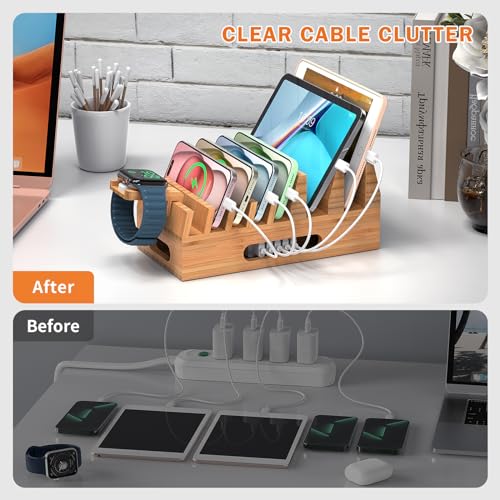 Bamboo Charging Station with 5-Port USB Charger & 5 Cables-Natural Bamboo - color: #2 (Dock+Cables+Adaptor)