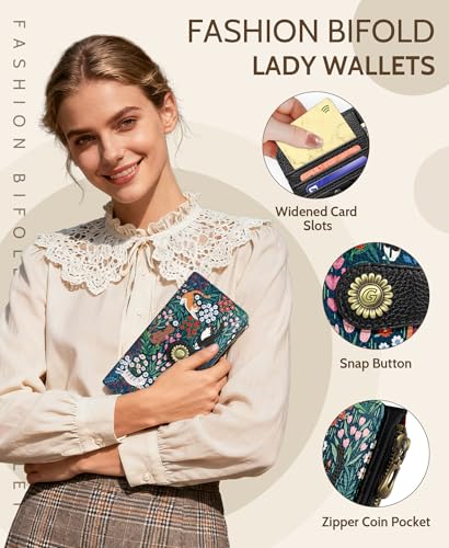 GIANCOMICS Cute Cat Womens Wallet RFID Blocking, Credit Card Holder Bifold | Billfold, Cute Cash Purse, Travel Zipper Coin Pocket, Compact Clutch, PU Leather, ID Window, 11 Card Slots, Ladies Gift Woman - color: Cats and Flowers