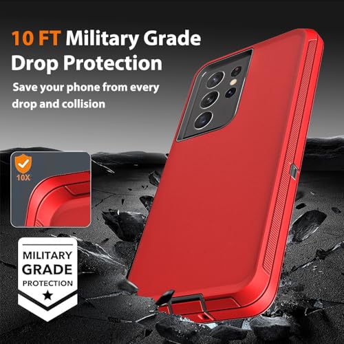 for Samsung Galaxy S21 Ultra Case with 2Pcs Self Healing Flexible TPU Screen Protector & Camera Lens Protector, 3 in 1 Heavy Duty Shockproof/Drop Proof/Dust Proof Case (Red/Black) - color: Red/Black