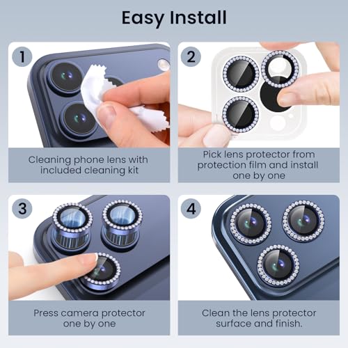 Compatible for iPhone 17 Pro / 17 Pro Max Camera Lens Protector, Explosion-Proof 9H Tempered Glass with Metal Diamond Ring, HD Anti-Scratch Lens Protection Decoration Accessories (Blue)