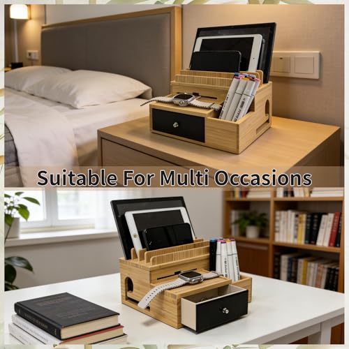 Bamboo Charging Station Organizer with Drawer and Pen Holder