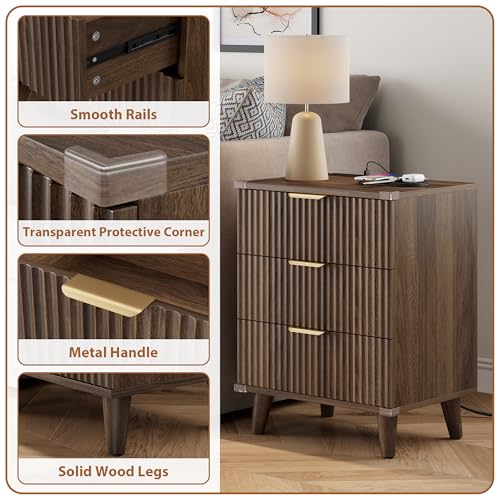 Wood Nightstands Set of 2 w/Charging Station, 3 Drawers Fluted Dresser - color: Walnut, size: 3 Drawers-Set of 2 Nightstand