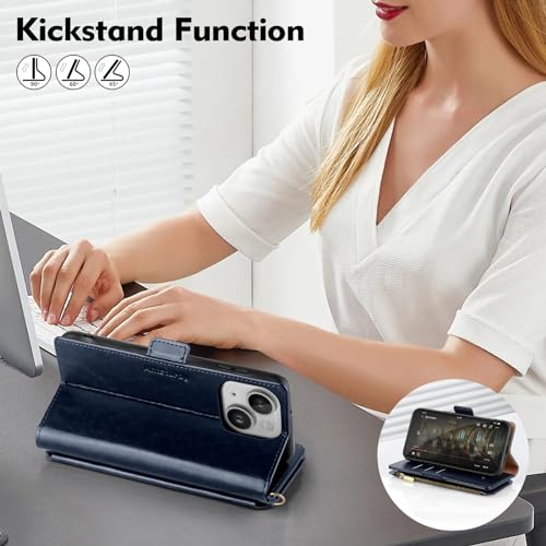Antsturdy for iPhone 14 Plus Phone Wallet Case Women,Dark Blue | RFID Blocking,with Credit Card Holder Slots,PU Leather Purse,Zipper Pocket,Wrist Strap Kickstand,Flip Folio Cover for Men - color: A-Dark Blue