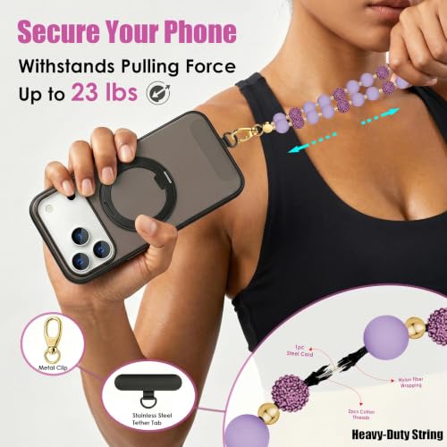 Food-Grade Silicone Phone Wrist Strap with Tether Tab/Clip, Sparkling Bead Phone Lanyard/Phone Charm - color: Lavender