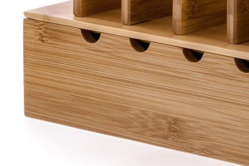 Prosumer's Choice Wooden Charging Station Organizer - 5-Port Base for Phones, Tablets and Laptops - Multi-Device Docking Station with Removable Divider Slots - Cord Box with Cable Management - Bamboo