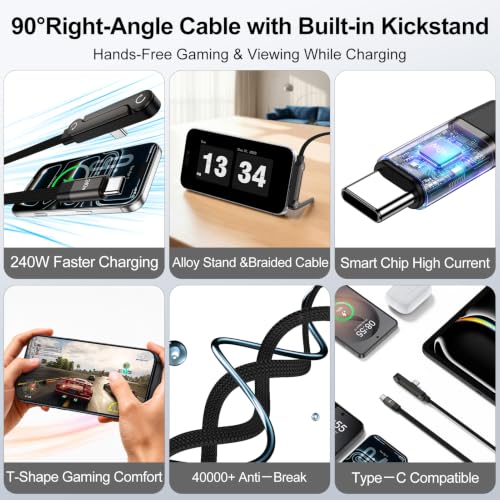 240W USB C Charger Cable Holder Flat USB C Cord with Stand 90° Right Angled - color: 2black