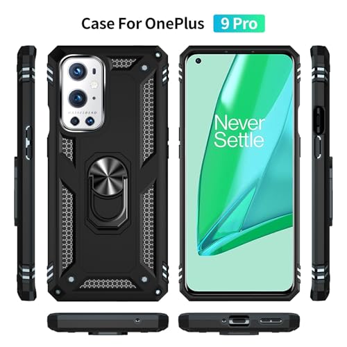 Case for Oneplus 9 Pro Military Grade Shockproof Cell Phone Cover with Kickstand and 360° Rotating Ring, Magnetic Car Mount Compatible, Hard Heavy Duty Armor Protective Shell (Black)