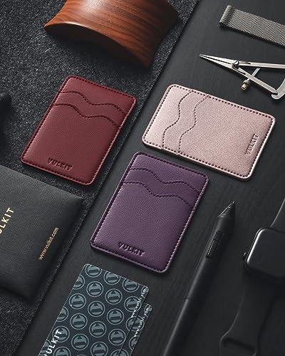 VULKIT Stick on Card Holder Compatible for iphone Leather Cell Phone Wallet Credit Card Case Strong Sticker for Women - color: Wine