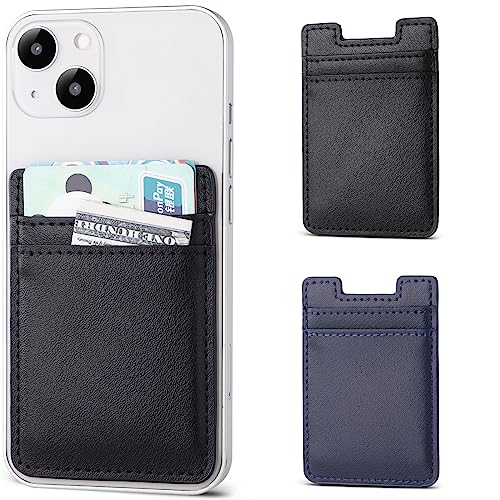 Phone Wallet Stick on,2Pack Phone Card Holder for Back of Phone Case, Leather Credit Card Holder for Cell Phone Sticky Wallet RFID Double Pocket Sticker for iPhone,Android,Samsung-Black,Navy Blue - color: Black,Navy Blue