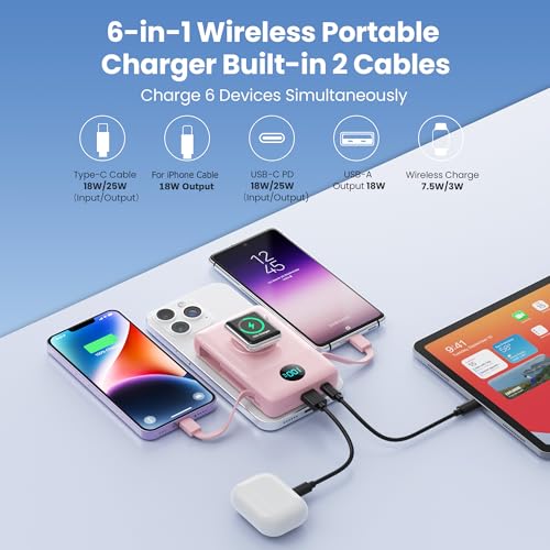 Magnetic Portable Charger 10800mAh with Built-in Cables,Wireless Power Bank for Magsafe,25W PD Fast Charging USB-C Travel Essentials Battery Pack for iPhone 17/16/15/14/13/12 Series,Apple Watch-Pink - color: Pink