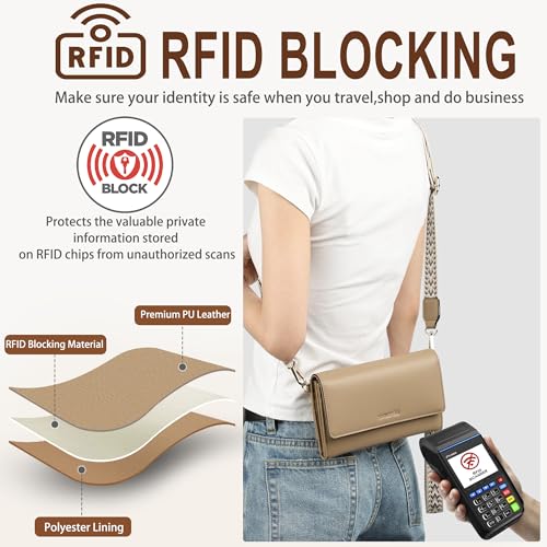 Small Crossbody Bags for Women RFID Vegan Leather Wristlet Phone Mini Purse Shoulder Handbag Wallet Travel Purse - color: Khaki