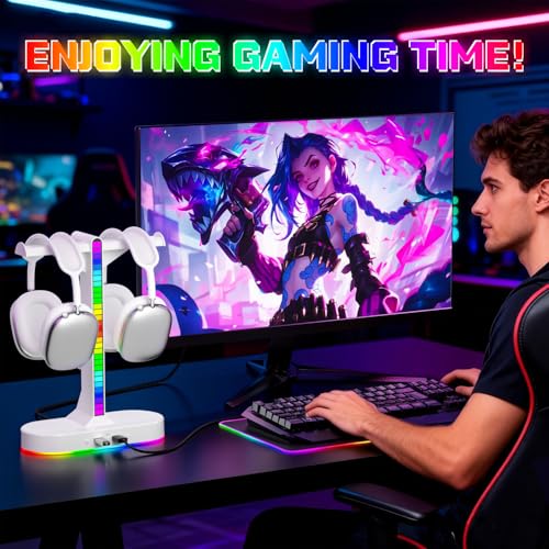 Dual Headphones Stand with Charger for Men, Headset Holder Stand for Desk - color: White