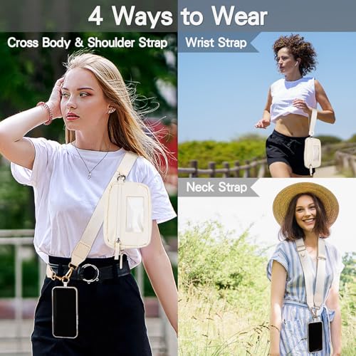 Save Girls Phone Lanyard with Wallet, 2 Pcs-Clip & Go Phone Strap Crossbody with Zippered Pouch & Wrist Lanyard-1 Pad, Universal Cellphone Strap Adjustable Neck Crossbody for Women (Beige) - color: Big Bag Phone Strap-beige