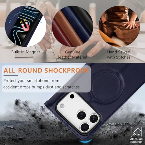 for iPhone 17 Pro 6.3" Wallet Case Card Holder Blue | Magsafe Compatible,RFID Blocking,Kickstand,Folio Cover,Genuine Leather - color: Blue, size: 6.3" iPhone 17 Pro