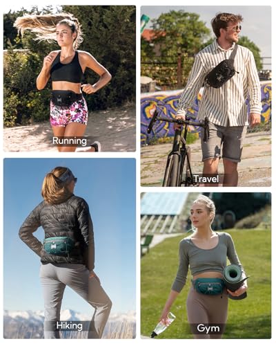 WATERFLY Small Fanny Pack RFID Blocking Travel Hiking Crossbody Waist Bag | Anti-theft design, Water resistant, Lockable zipper, Hidden rear pocket, Lightweight hip belt bag, EDC Running, Cycling, Gym - color: Peacock Blue