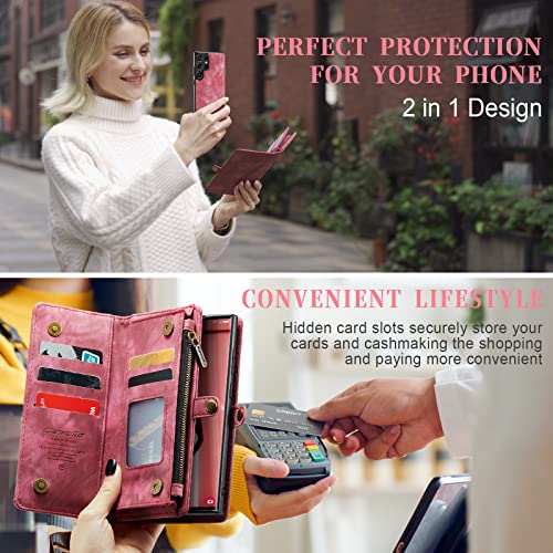 Compatible with Samsung Galaxy S23 Ultra Wallet Case,Zipper Folio Leather Case Wallet with Card Holder Strap Wristlet Detachable Magnetic Protective Back Case for Galaxy S23 Ultra 6.8" (Red) - color: Red, size: S23 Ultra 5G 6.8 Inch