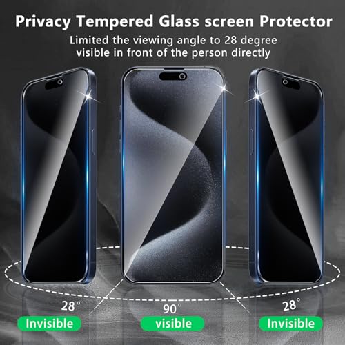 3+3 Pack Privacy Screen Protector Designed for iPhone 15 Pro With 3 Pack Camera Lens Protector,Full Coverage Anti-Spy Tempered Glass Film,9H Hardness,Bubble Free,Easy to Install - color: iPhone 15 Pro FK33