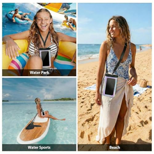 Floatable Waterproof Phone Pouch Case for iPhone 17 16 Pro Max/15/14, IP68 Travel Cellphone Dry Bag Beach Cruise Ship Essentials Bags with Crossbody Lanyard, Iridescent Purple with Word - 7″ - color: B7-Iridescent Purple with character