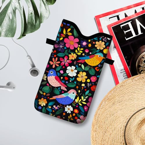 Neoprene Cell Phone Sleeve Pouch Case Bag with Crossbody Strap Neck Lanyard for Women 7.1 X 3.9 in Flower Bird Pattern - color: Flower Bird