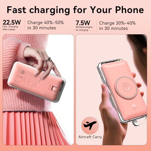 Magnetic 10000mAh Portable Charger for iWatch & iPhone, PD Fast Charging Wireless Power Bank Built-in Cables and Wall Plug, External Travel Battery Pack Compatible with iOS Android Phones - color: Pink
