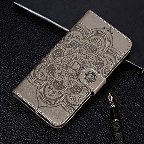 EYZUTAK Case for Samsung Galaxy A17 5G/A26 5G, Premium Leather Magnetic Closure Flip Wallet Phone Case with Card Holder Cash Slots Kickstand Embossed Mandala Flower Shockproof Lanyard Cover - Gray - color: Gray, size: Samsung Galaxy A17 5G/A26 5G