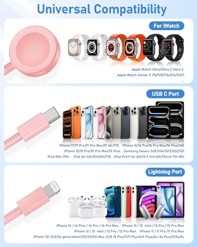 for Apple Watch Charger Fast Charging 6FT, 3 in 1 Multi Charging Cable with USB C iPhone iWatch Charger for Apple iWatch Series 11/10/9/8/7/Ultra3/Ultra 2/SE/6/5/4/iPhone 17/16/15/14/13/12/11-Pink - color: Pink