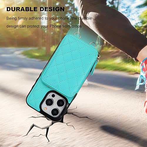 Bocasal Crossbody Wallet Case Card Holder for iPhone 15 Pro, Mint Green | RFID Blocking PU Leather Zipper Handbag Purse, Kickstand Flip Folio Case with Card Slots Holder Wrist Strap Lanyard 6.1 Inch - color: Green