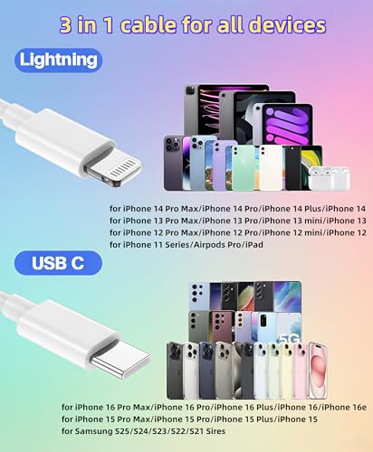 Multi Charging Cable USB C 6ft,3 in 1 Charging Cable and Lightning Cord Fast Charger for Multiple Devices,Triple Universal Charger with USBC to Multiple Connectors for iPhone 17 16 15 14 13 12-2Pcs