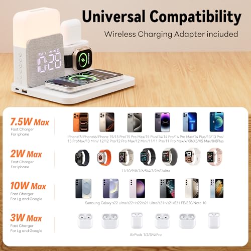 7 in 1 Wireless Charging Station, 25W Charger with Alarm Clock Night Light - color: White