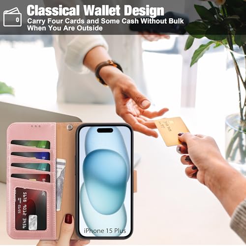 Arae Compatible with iPhone 15 Plus Case with Card Holder and Wrist Strap Wallet Flip Cover for iPhone 15 Plus 6.7 inch,Rose Gold - color: Rose Gold, size: iPhone 15 Plus 6.7 inch