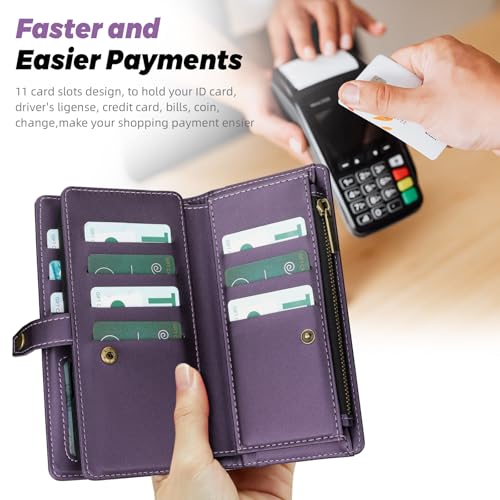 TwoHead for iPhone 11 Wallet case with 11 Card Holder (Deep Purple) | Detachable Magnetic Phone Case, PU Leather Wallet for Women/Men,Wireless Charging Compatible,with Wrist Strap - color: Deep Purple