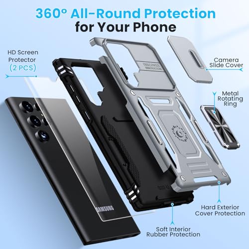 for Samsung Galaxy S22 Ultra Case with 2 PCS HD Screen Protector, Military Grade Protection Metal 360 ° Rotating Ring Kickstand Slide Camera Cover, Shockproof for Galaxy S22 Ultra Case, Gray | 2 PCS HD Screen Protector, Magnetic Metal 360 ° Rotating Kicks
