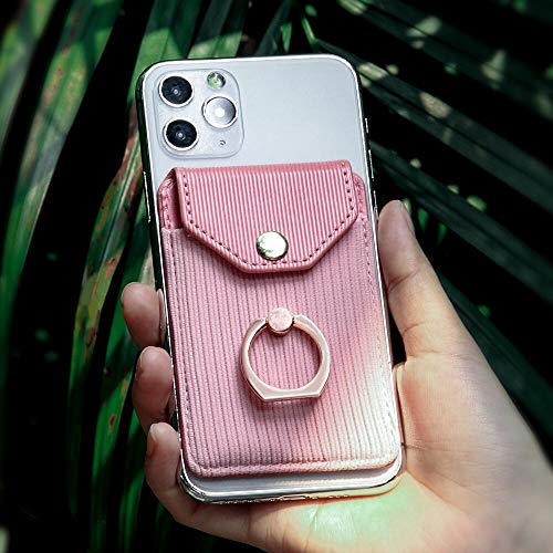 Self Adhesive Phone Card Wallet with Ring Stand Flip Cover Dark Pink - color: Dark Pink