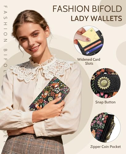 GIANCOMICS Cute Fox Womens Wallet RFID Blocking, Credit Card Holder Bifold | Billfold, Cute Cash Purse, Travel Zipper Coin Pocket, Compact Clutch, PU Leather, ID Window, 11 Card Slots, Ladies Gift Woman - color: Fox and Flowers