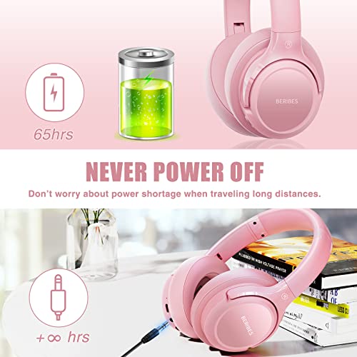 BERIBES Bluetooth Headphones Over Ear Wireless HiFi Stereo Headsets 65H 6EQ - color: Pink