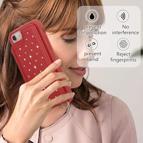 for iPhone 7/8/SE 2022/SE 2020 Wallet Case with Card Holder Slots and Strap, RFID Blocking Magnetic Flip Folio Cover, Crossbody Purse Protection Case with Kickstand,Red Diamond - color: Red Diamond, size: iPhone 7/8/SE 2022/SE 2020(6.6")