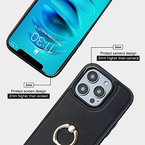 Folosu Compatible with iPhone 14 Pro Case Wallet with Card Holder, 360°Rotation Finger Ring Holder Kickstand, RFID Blocking Leather Protective Double Buttons Shockproof Cover 6.1 Inch Black - color: Black, size: iPhone 14 Pro