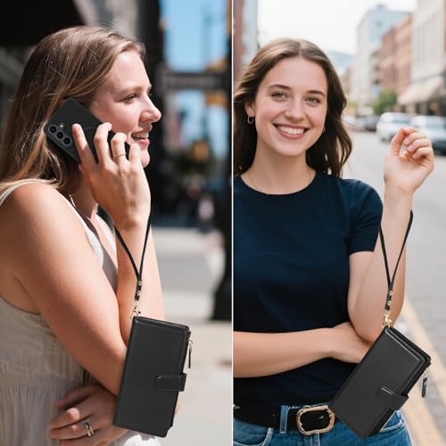 Magnetic Case for Samsung Galaxy S25 Fe Wallet Compatible with Magsafe RFID Blocking Card Holder Detachable Phone Cover Kickstand Snap Strap Zipper Pocket PU Leather (Black) - color: Black, size: Galaxy S25 Fe
