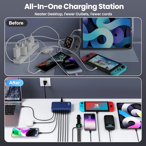 USB C Charger 200W USB C Charger Block,Upgraded GaN III 8-Port Fast Charging Station Hub,PD 65W Laptop Charging Adapter Compatible with MacBook Pro/Air,DELL,Steam Deck,iPhone 16/15/14,Galaxy S23/22 - color: Deep Blue, size: 200W
