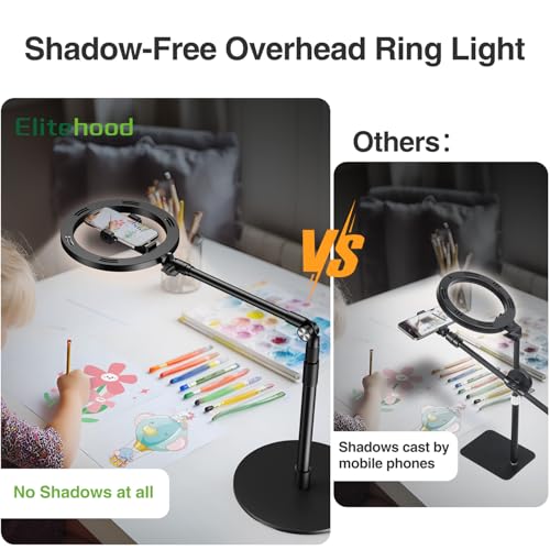 elitehood Overhead Phone Mount with Ring Light, Overhead Tripod for iPhone - style: Desk Stand with Light