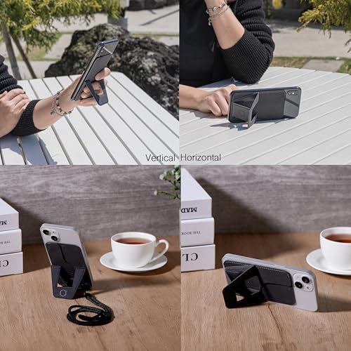 DesignNest FoldStand Slim Magnetic Phone Stand Card Holder with Lanyard, Horizontal Vertical View, Foldable Finger Grip, Wireless Charging Compatible Leather Brown