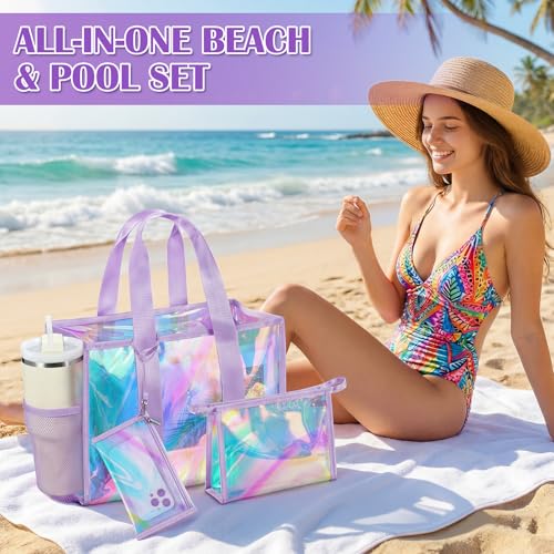 3-Piece Iridescent Beach Bag Set for Women, Large PVC Pool Bag Set | Includes Summer Beach Tote, Cosmetic Bag and Touchscreen Phone Pouch for Pool, Travel and Vacation - color: Purple