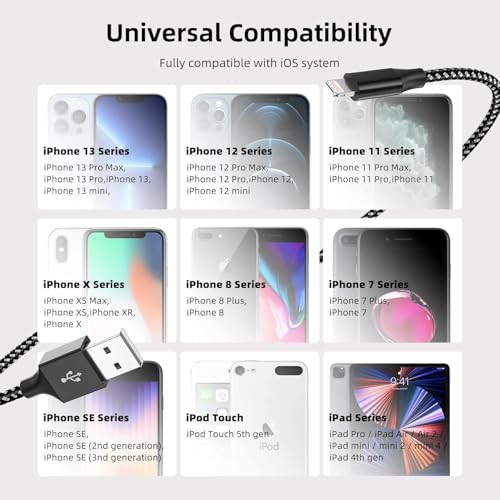 iPhone Charger Cord 10ft 3 Pack MFi Fast Charging Braided Lightning Cable - color: BlackWhite
