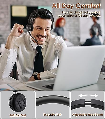 (Upgraded Version) Wireless Headset, Bluetooth Headset with Noise Cancelling Microphone, Best Headphones with Mic Mute & USB Dongle for PC/Computer/Laptop/Cell Phones/Remote Work/Call Center