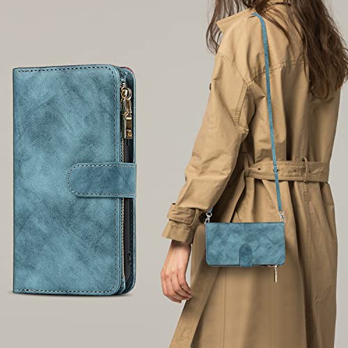 iCoverCase for Samsung Galaxy S23 Wallet Case with Card Holder, Kickstand Feature PU Leather Case with Adjustable Crossbody Lanyard Magnetic Clasp Zipper Pocket Flip Cover (Blue) - color: Blue, size: Galaxy S23